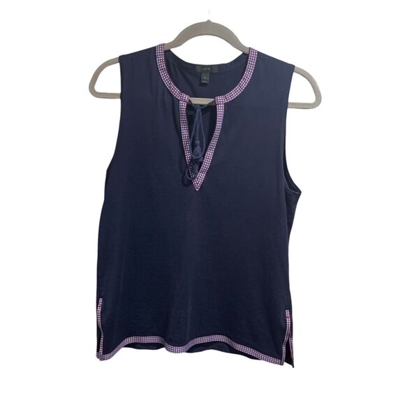 J Crew Womans Blue Sleeveless Embroidered Ribbon Trim Shirt S Boho Preppy - Picture 1 of 9